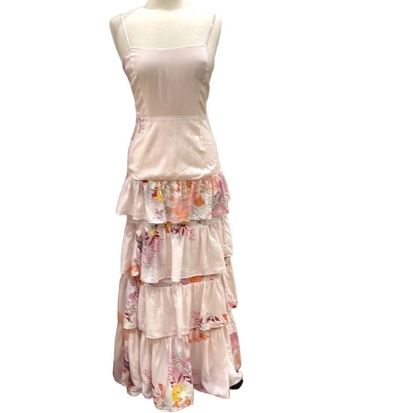 Plum Pretty Sugar Pink Floral Tiered Ruffle Strappy Maxi Dress SZ S - Picture 1 of 7
